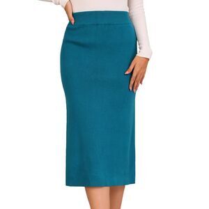 Bodycon Skirt High Waist Rib Knit Split Hem Slit Pencil Skirt Peacock Blue